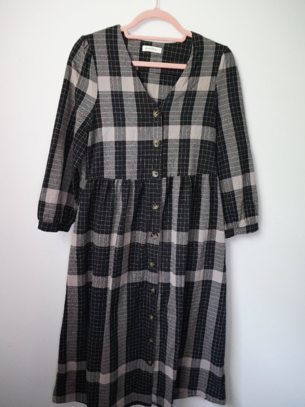 Neuflora Black Button Up Gingham Midi 100% Cotton Raleigh Dress Size Small